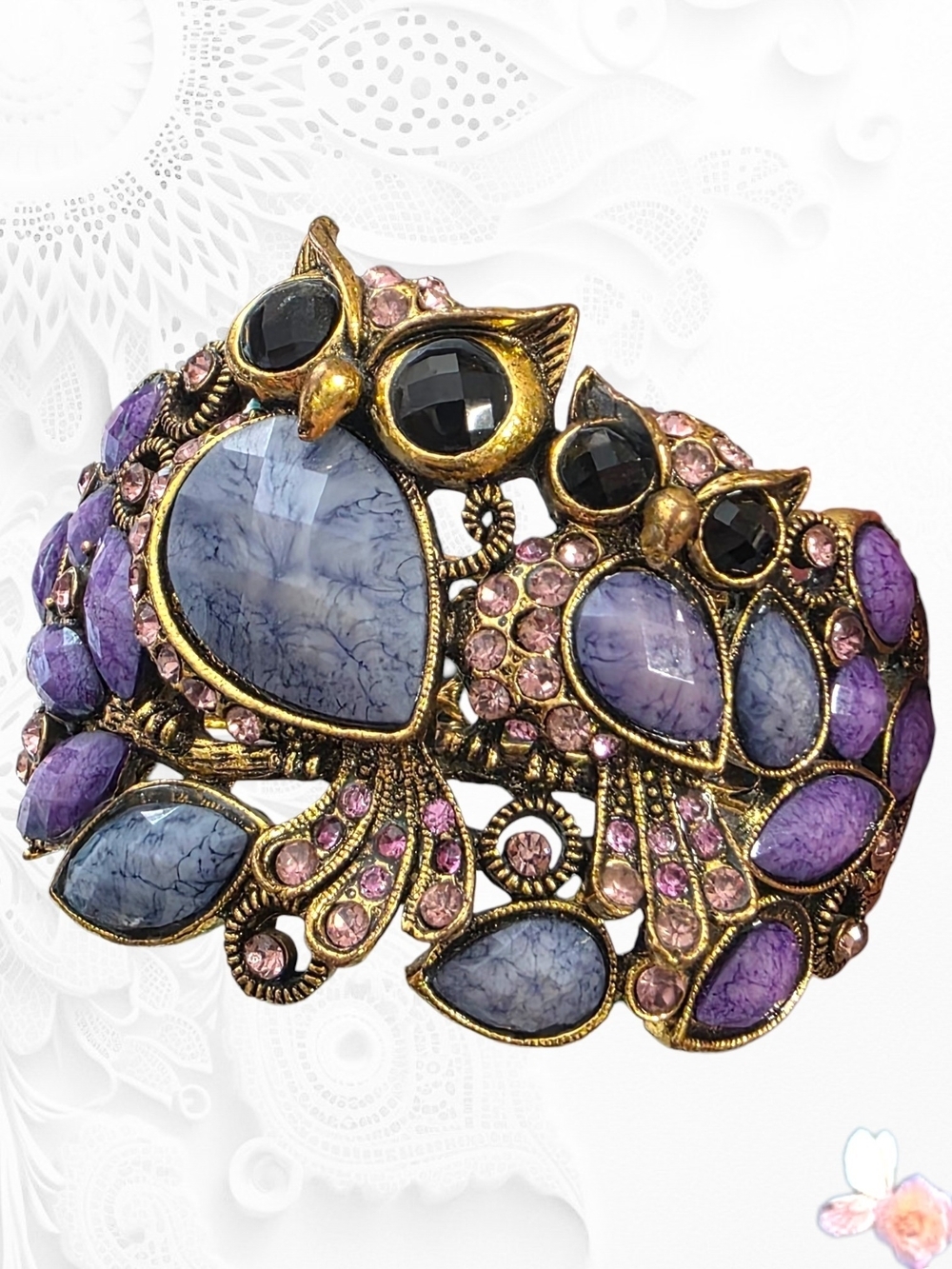 Vintage-Inspired Owl Statement Bracelet in Purple and Pink In Brass Tone
